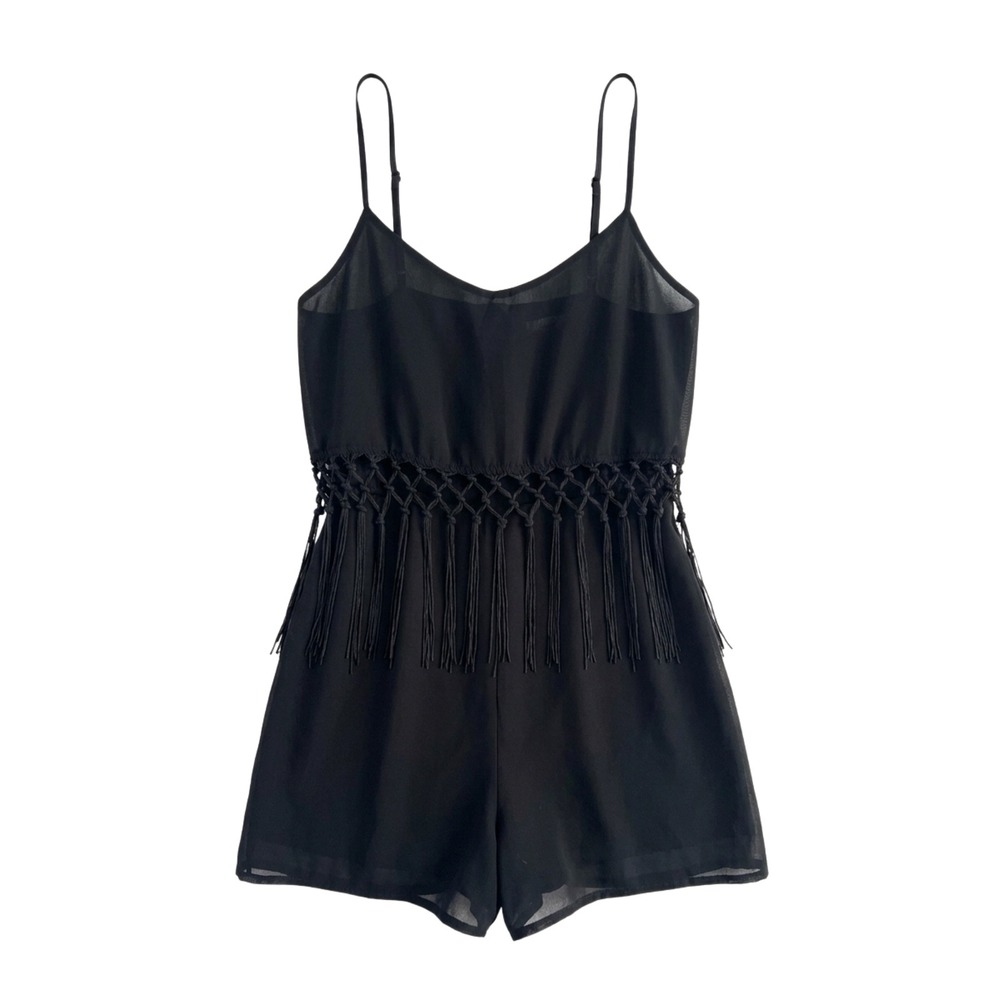 Glamorous Black Macrame Fringe Romper Adjustable Straps‎ Small